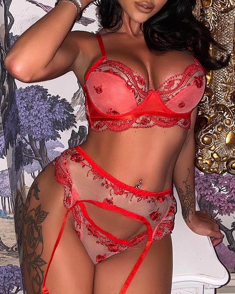 

Sheer Mesh Floral Embroidery Garter Lingerie Set, Red