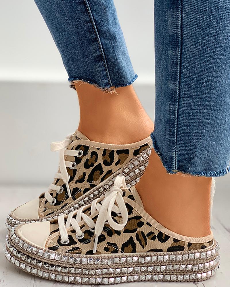 

Rivet Eyelet Lace-up Flat Sandals, Leopard