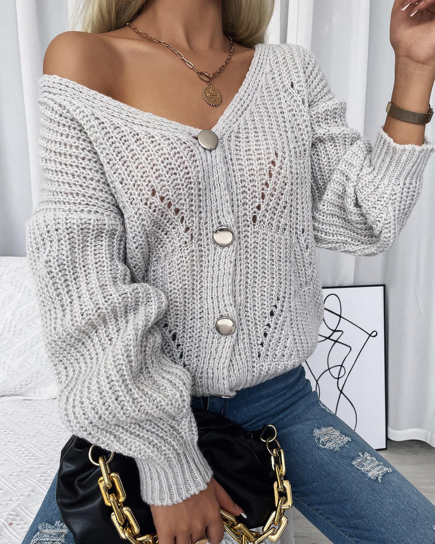 

Long Sleeve Knit Buttoned Hollow Out Cardigan, White