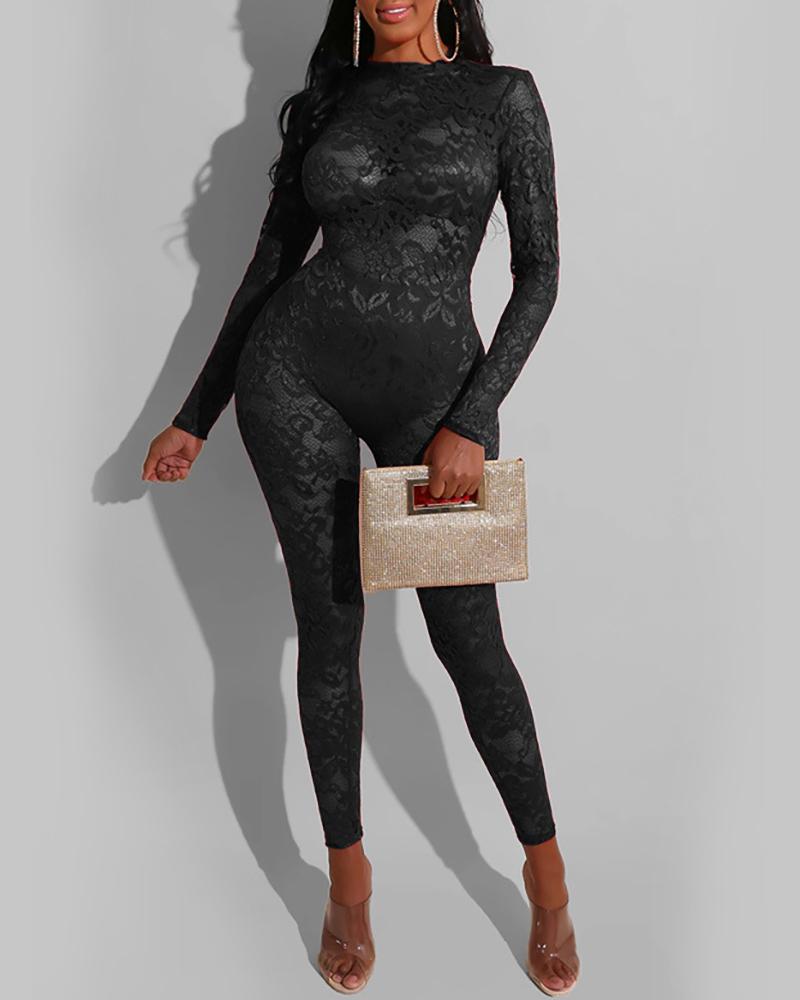 

Floral Pattern Lace Long Sleeve Jumpsuit, Black