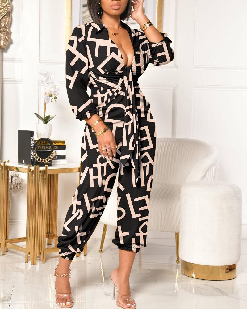 

Letter Print Tie Front Ruched Jumpsuit, Black