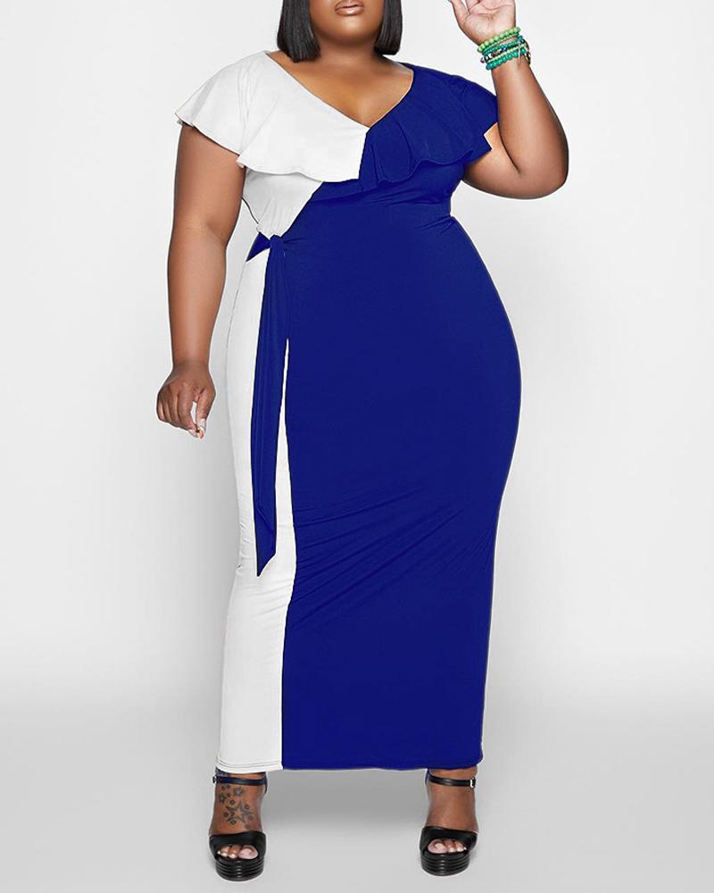 

Plus Size Colorblock Ruffle Hem Tied Detail Maxi Dress, Blue