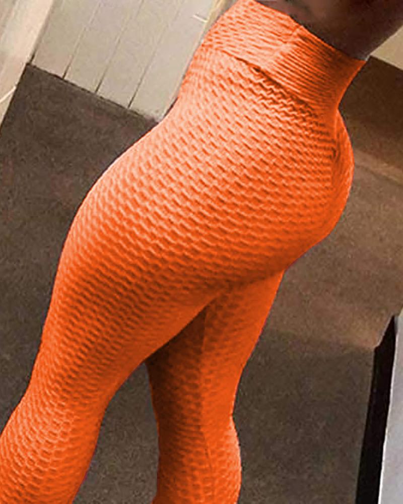 

High Waisted Bubble Textured Yoga Pants Workout Butt Lifting Scrunch Booty Leggings, Orange