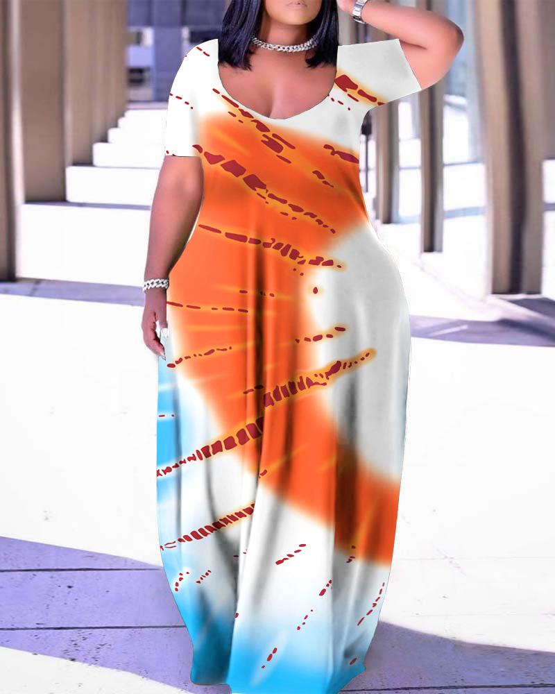

Plus Size Tie Dye Print Short Sleeve Maxi Dress, White