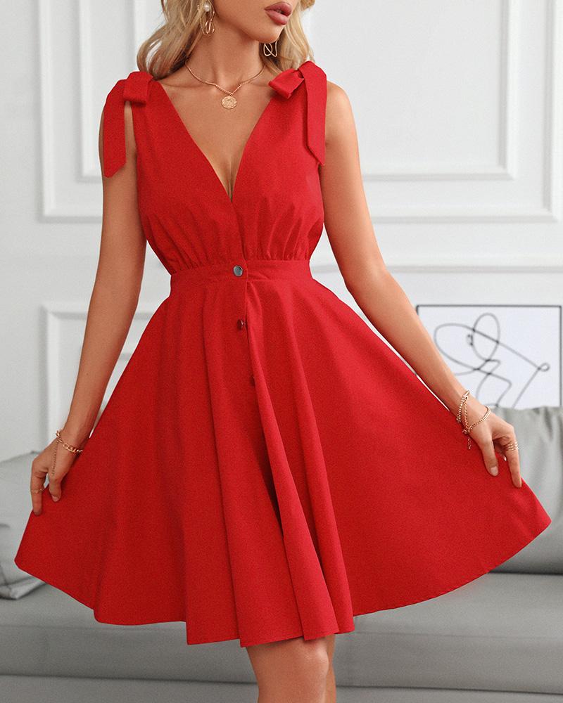 

Tied Detail Button Front Sleeveless Party Dress, Red