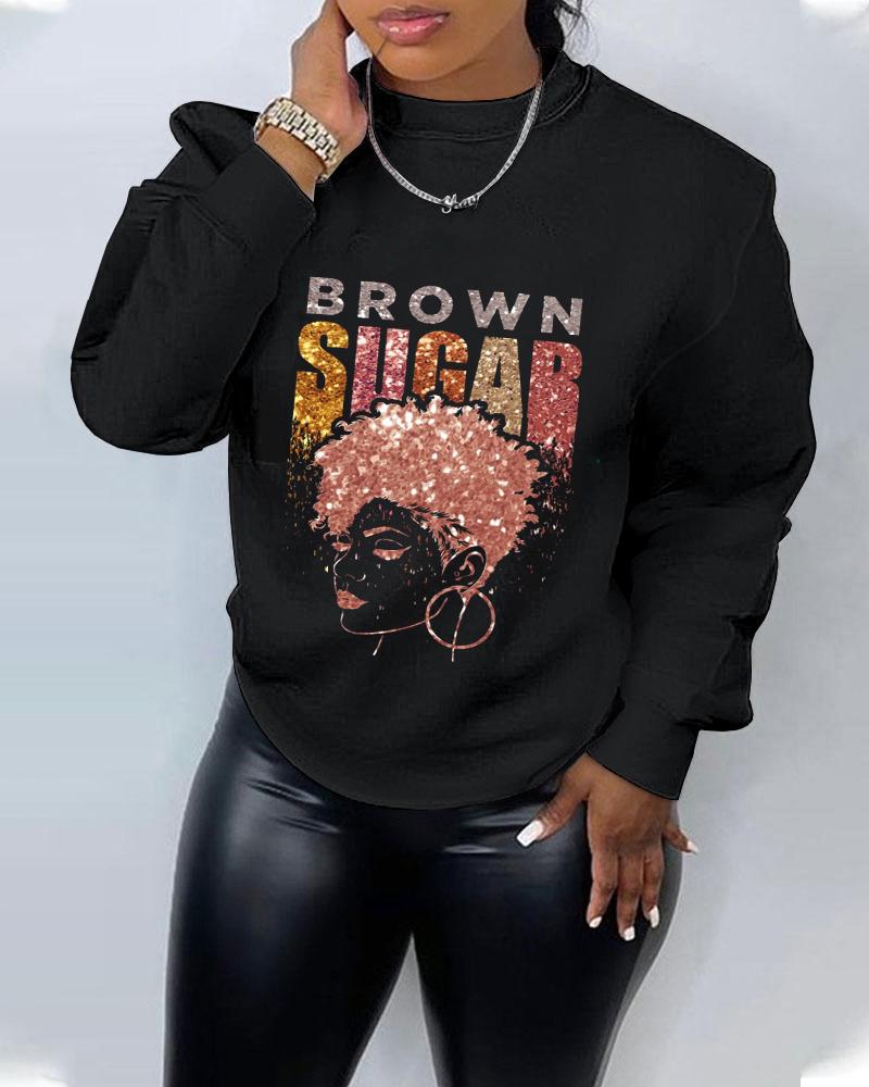 

Plus Size Figure Letter Print Long Sleeve Sweatshirt, Black
