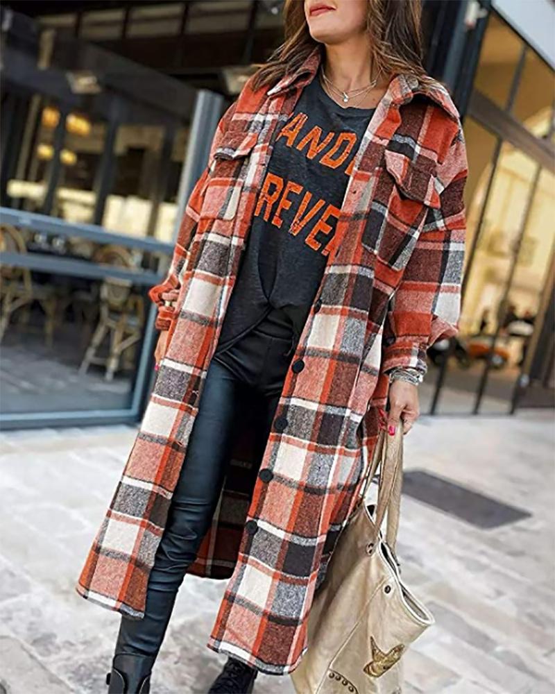 

Lantern Sleeve Plaid Print Longline Shacket, Red