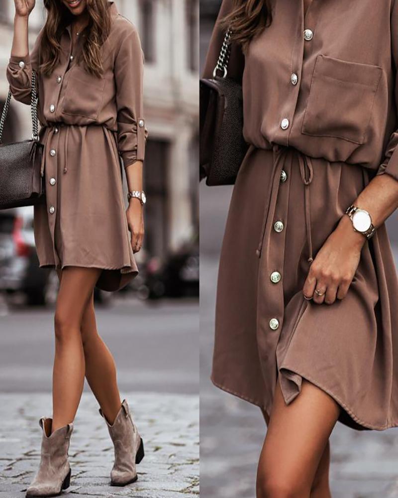 

Button Front Pocket Design Roll Up Sleeve Shirt Dress, Coffee