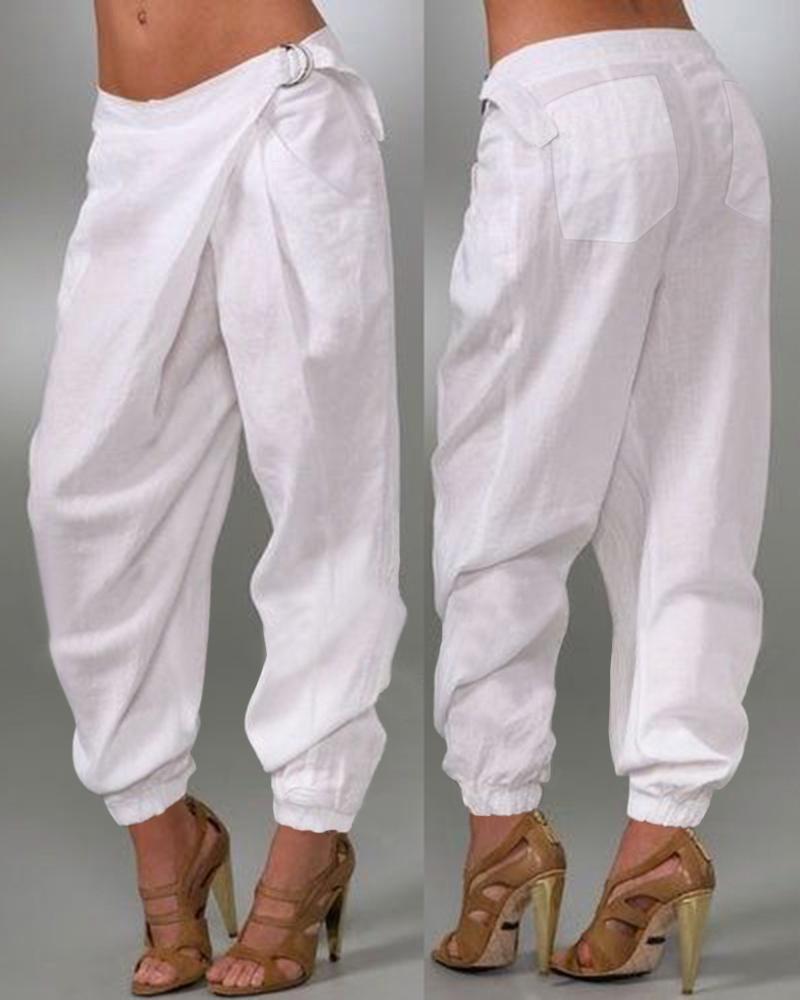 

High Waist Buckled Cuffed Pants, White