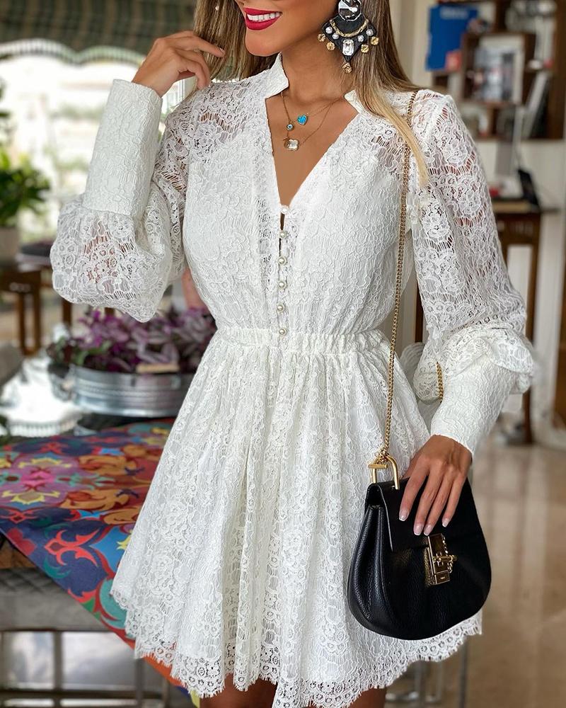 

Lantern Sleeve Buttoned Lace Dress, White