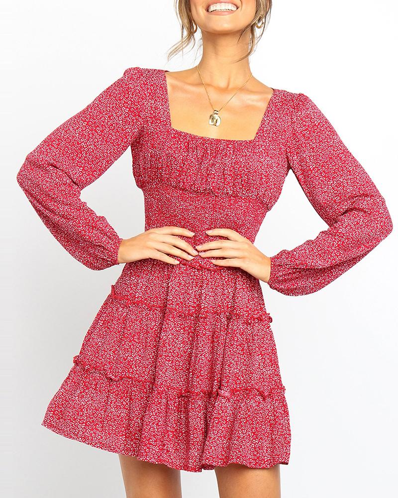 

Frill Hem Long Sleeve Shirred Casual Dress, Red