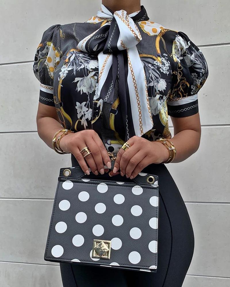 

Chains Print Tied Neck Casual Blouse, Black
