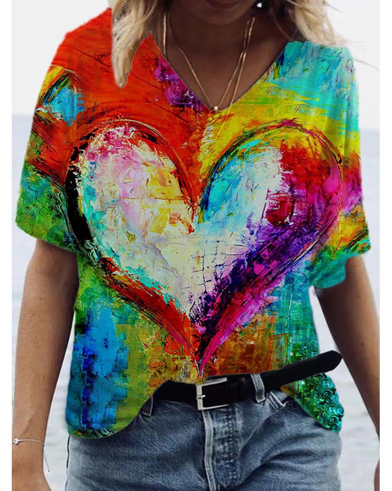 

Heart Painting Print Short Sleeve T-shirt, Multicolor