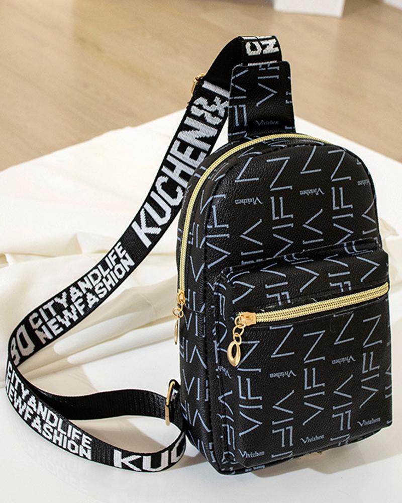

Letter Pattern Zipper Design Crossbody Shoulder Bag, Black