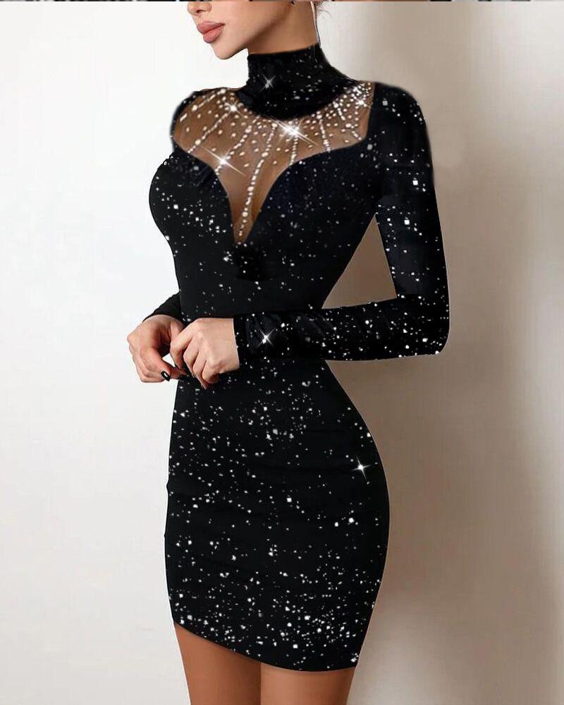 

Contrast Mesh Long Sleeve Glitter Bodycon Dress, Black