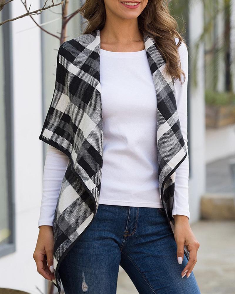 

Plaid Print Asymmetrical Sleeveless Coat, Black