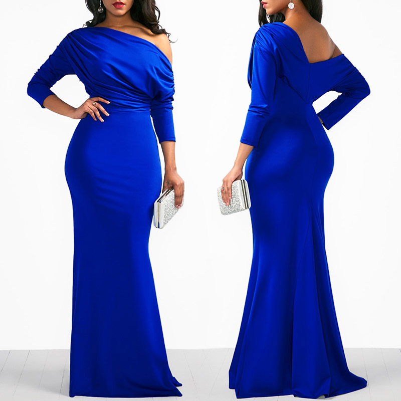 

Fashion Skew Neck Shirring Casual Maxi Dress, Blue
