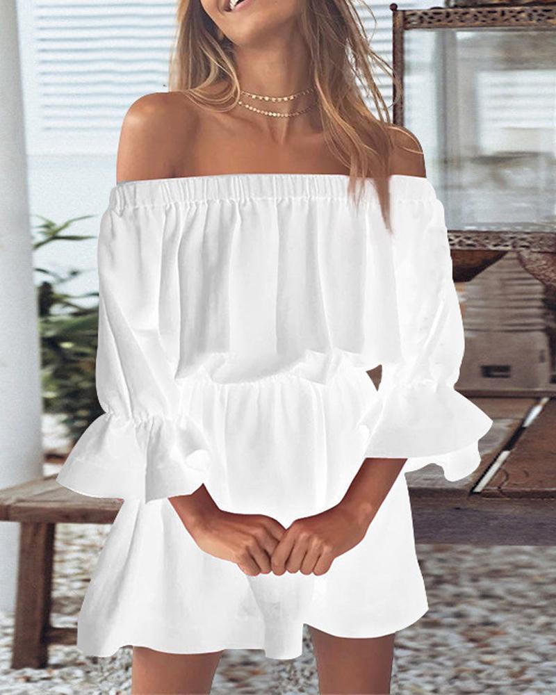 

Off Shoulder Bell Sleeve Casual Dress, White
