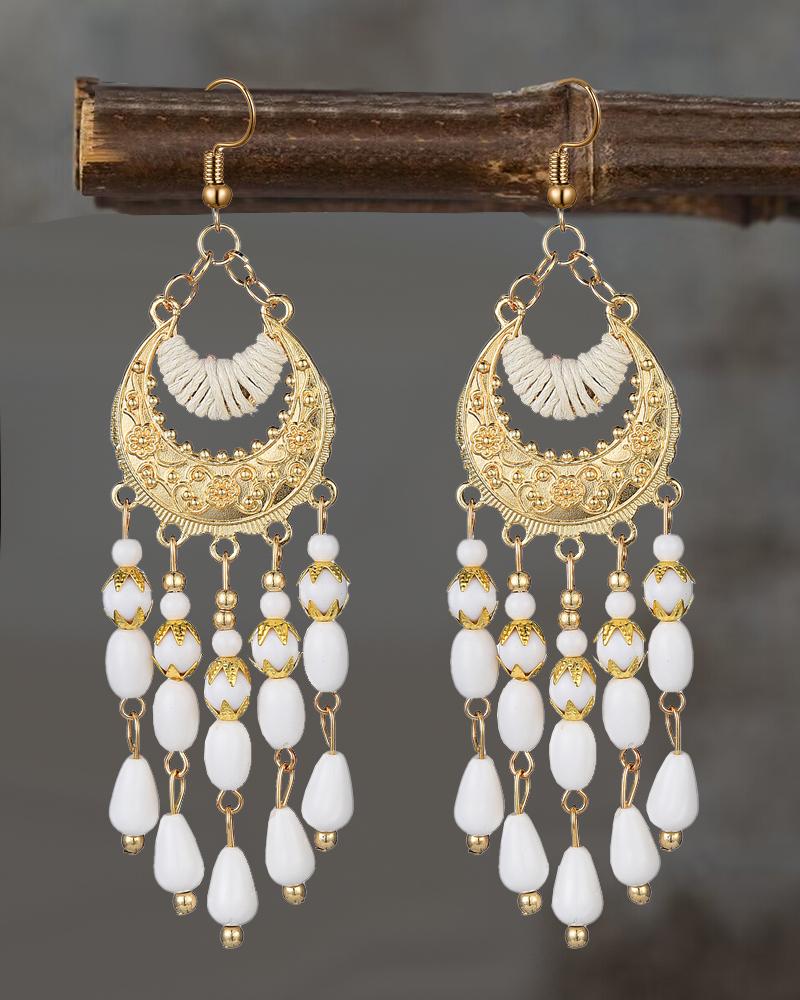 

1Pair Bohemian Floral Embossed Beaded Tassel Hook Earrings, White