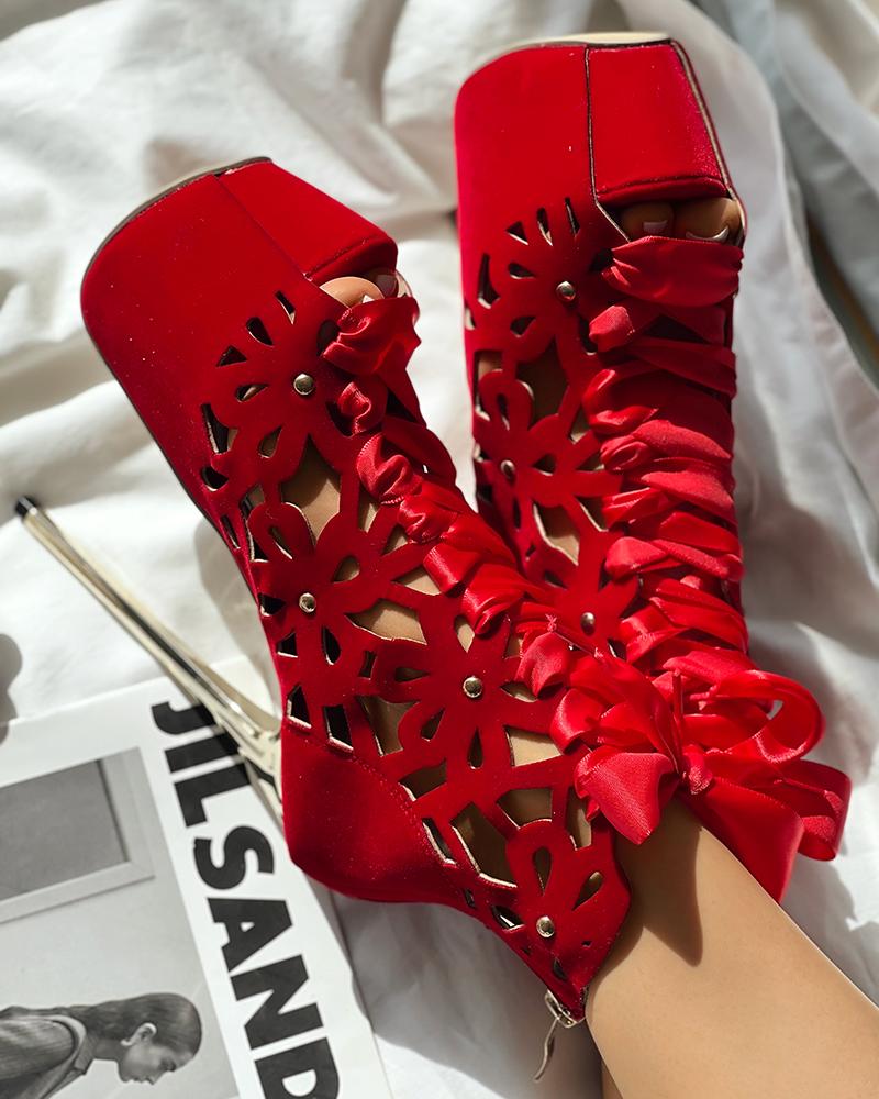 

Hollow Out Lace-up Platform Heels, Red