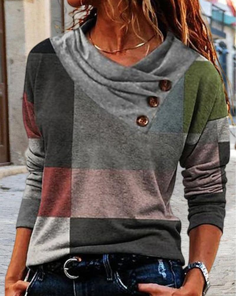 

Geometric Print Ruched Buttoned Long Sleeve Top, Multicolor