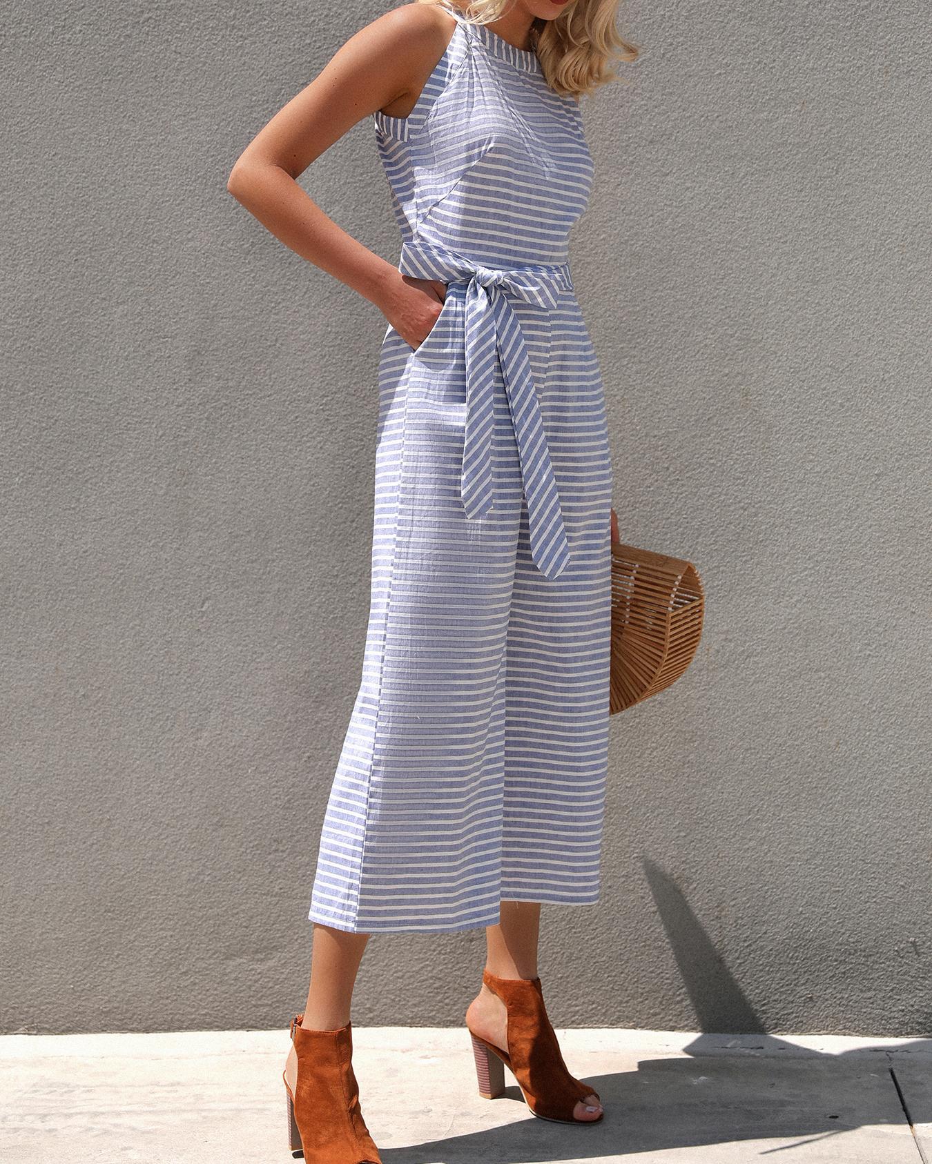 

Striped Waist Belted Wide Leg Jumpsuit, Blue