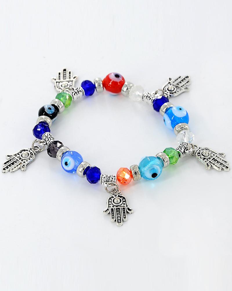 

1pc Demon Hands Blue Eye Crystal Stone Beaded Bracelet, Silver