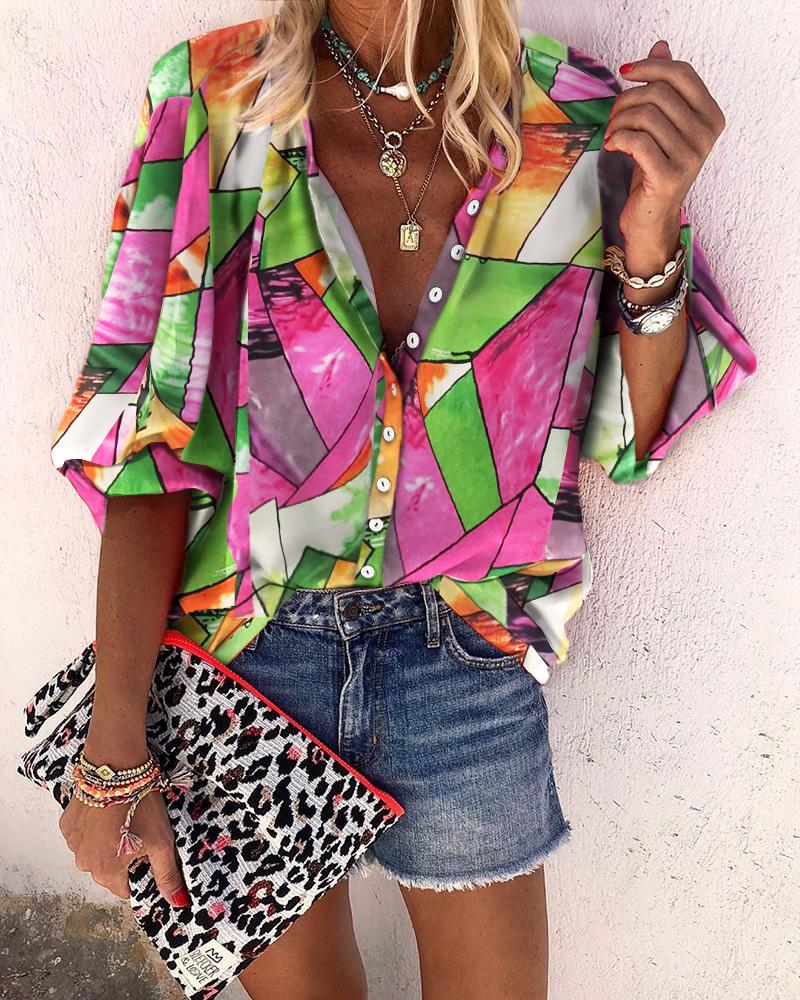 

Buttom Front Graphic Print Loose Half Sleeve Blouse, Multicolor