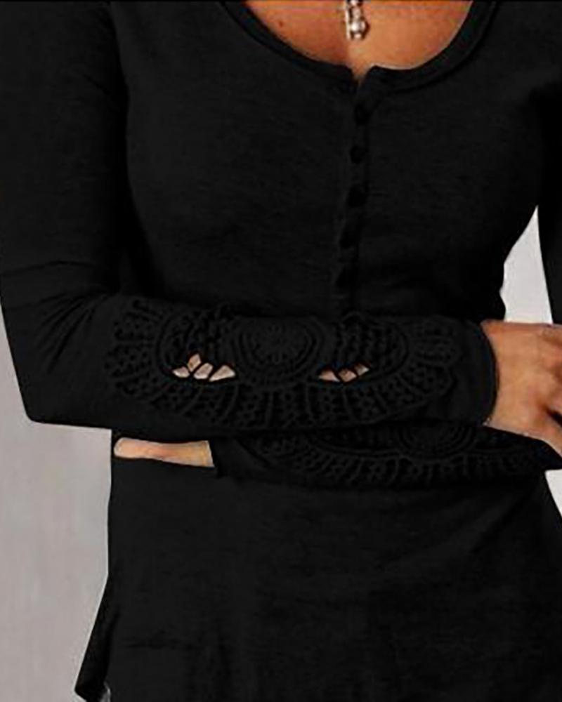 

Round Neck Lace Insert Buttoned Blouse, Black