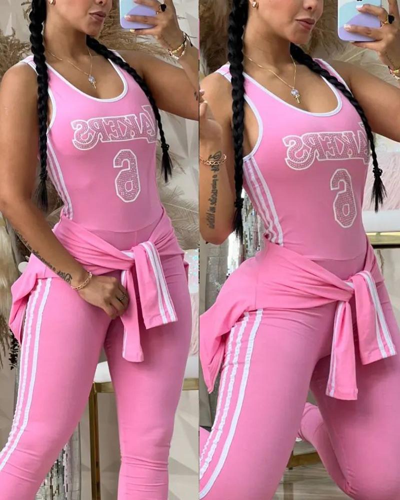 

Letter Print Side Striped Rhinestone Top & Jumpsuit Set, Pink