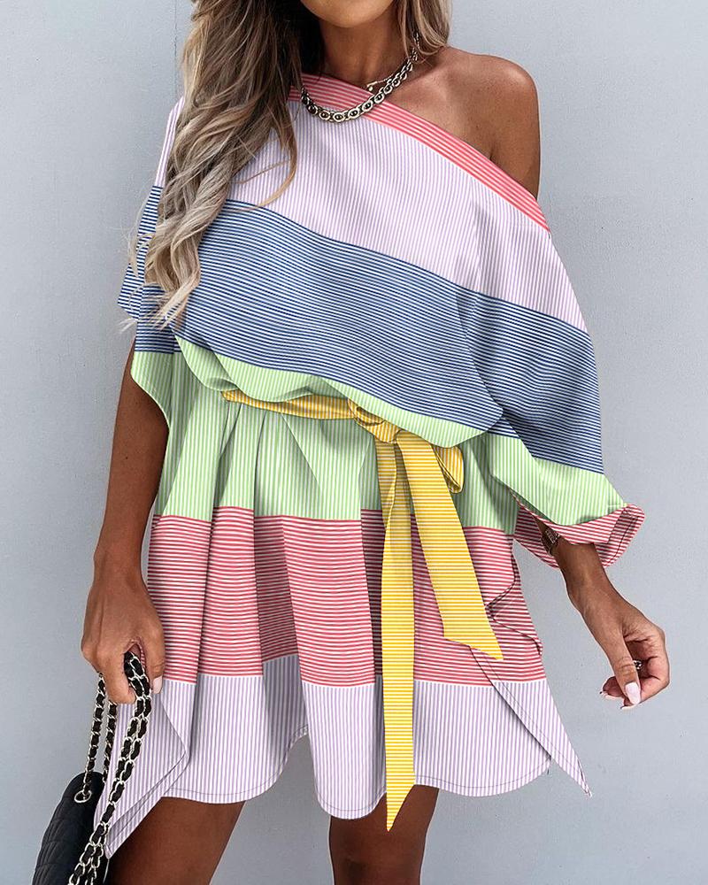 

Striped Print Colorblock Cloak Sleeve Belted Casual Dress, Multicolor