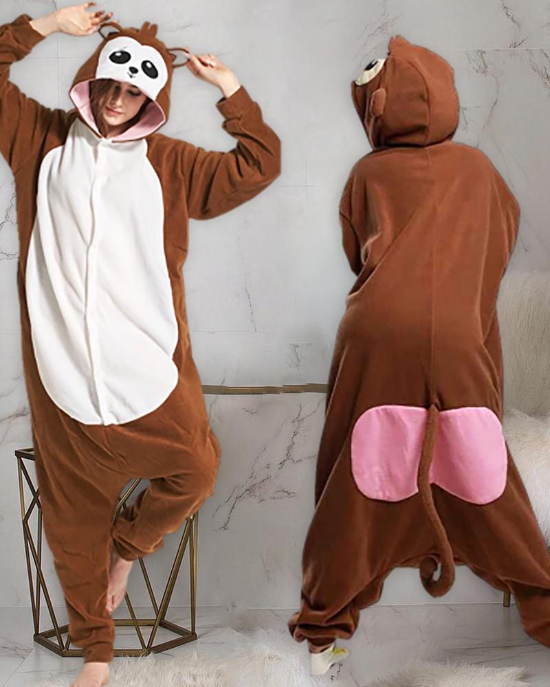 

Zipper Design Cartoon Functional Buttoned Flap Adults Pajamas, Coffee