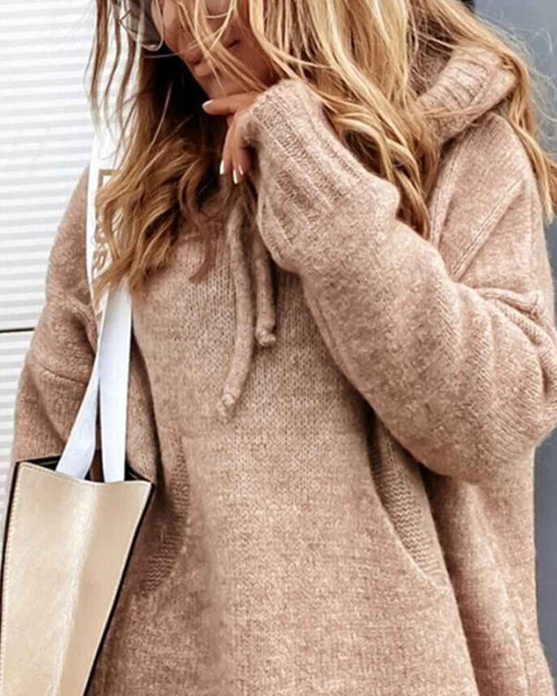 

Long Sleeve Pocket Drawstring Hooded Sweater, Khaki