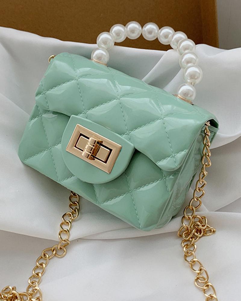 

Pastel Quilted Pearls Top Handle Chain Strap Mini Change Bag, Green