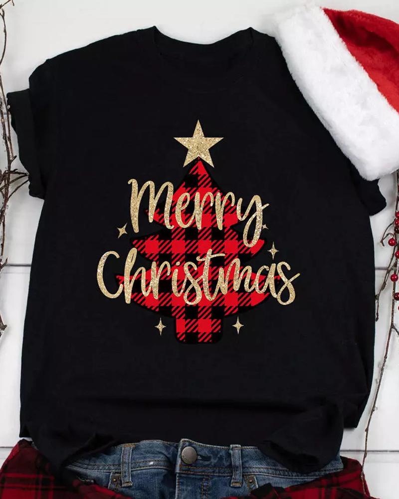 

Christmas Plaid Tree Letter Print Casual T-shirt, Black