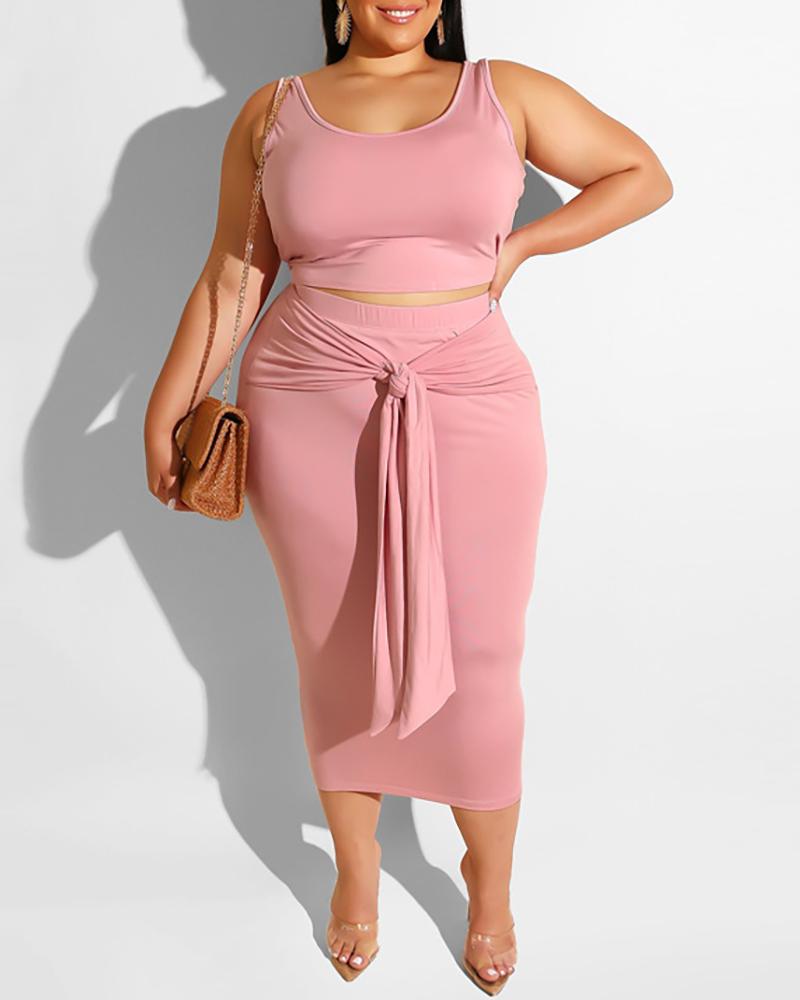 

Solid Thick Strap Top & Midi Skirt Set, Pink