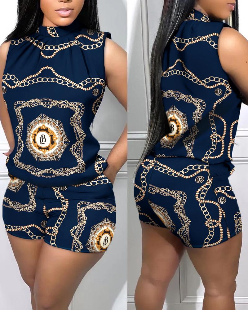 

Chain Print Casual Tank Top & Shorts Set, Purplish blue