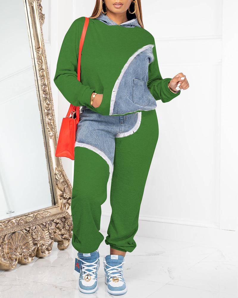 

Denim Print Pocket Design Hoodie & Pants Set, Green
