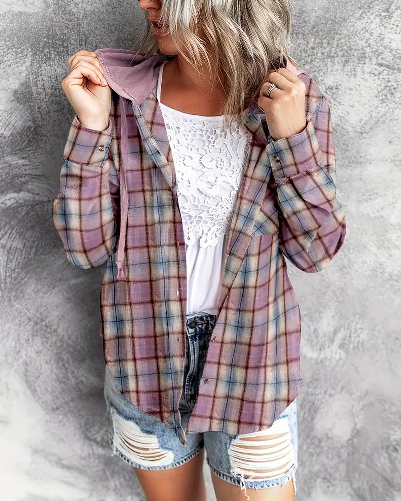 

Plaid Print Buttoned Hooded Top, Purple