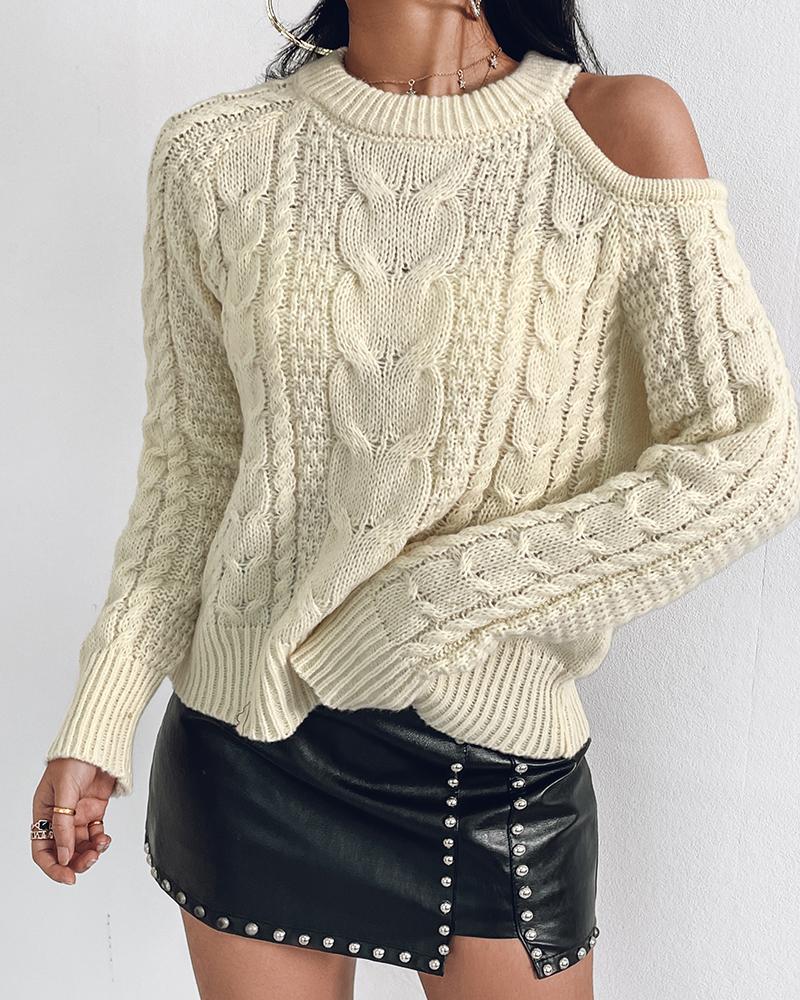 

Cold Shoulder Cable Knit Sweater, Apricot