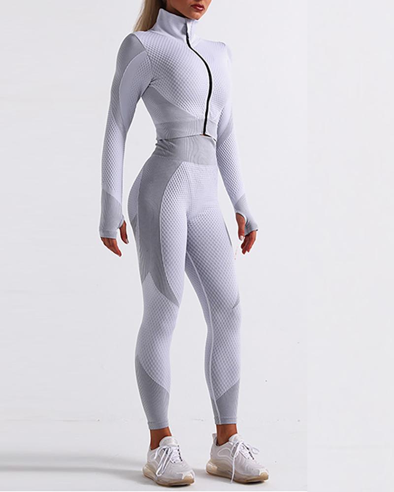 

Colorblock Zipper Design Long Sleeve Sporty Top, Gray