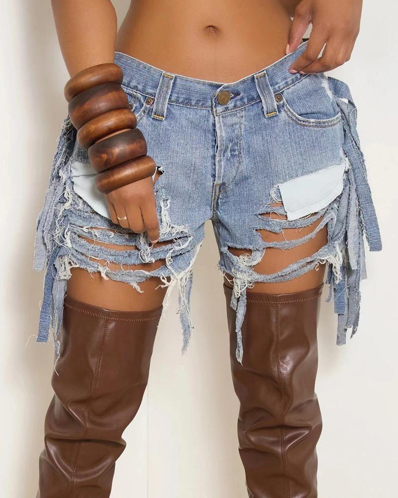 

Cutout Ripped Raw Hem Denim Shorts, Blue
