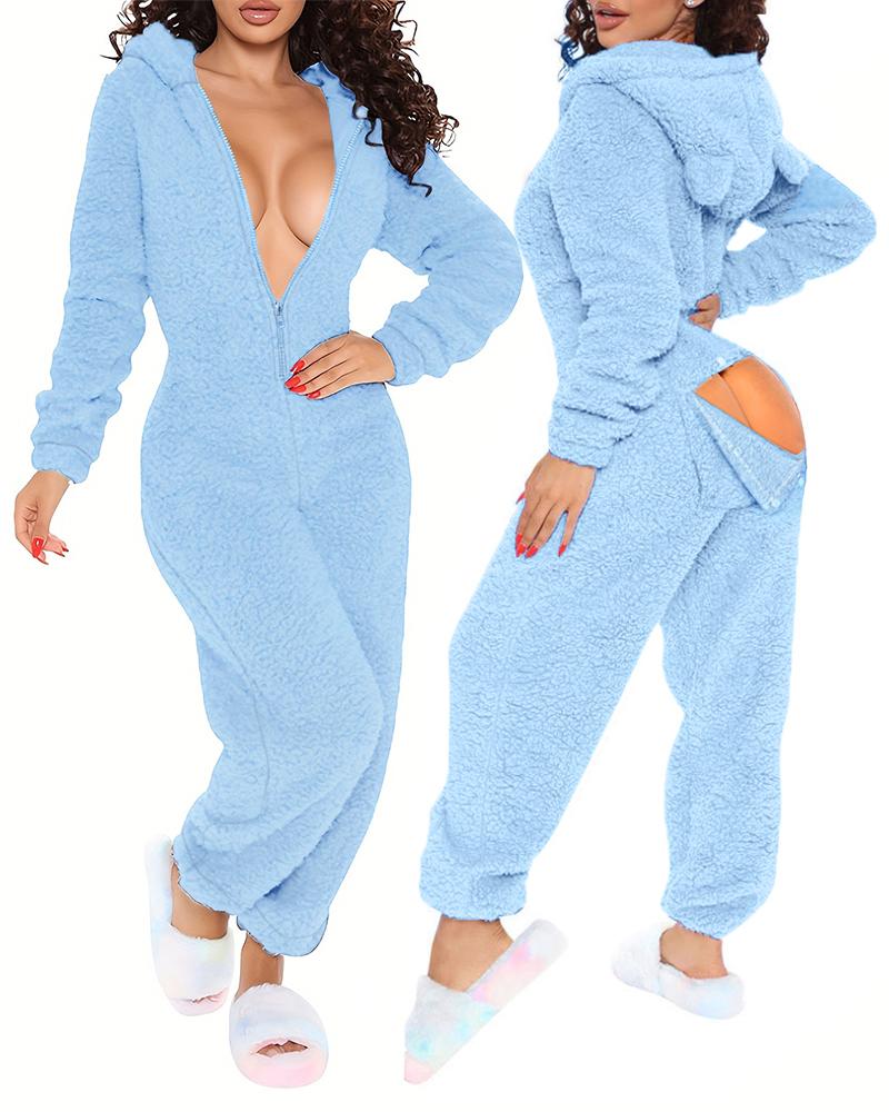 

3D Ear Buttoned Flap Functional Fluffy Lounge Jumpsuit, Blue