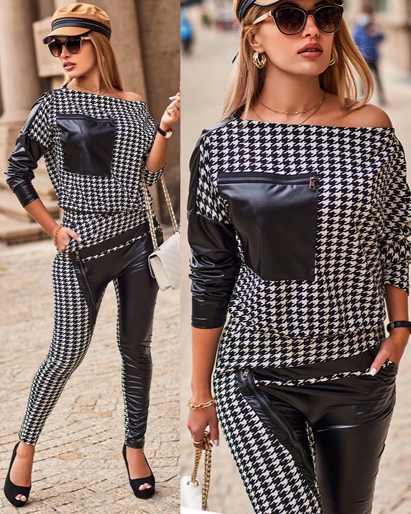 

Houndstooth Print Zip Detail Long Sleeve Top & Pants Set, Black