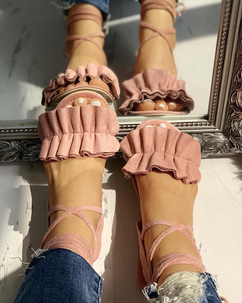 

Suede Ruched Frill Hem Flat Sandals, Pink