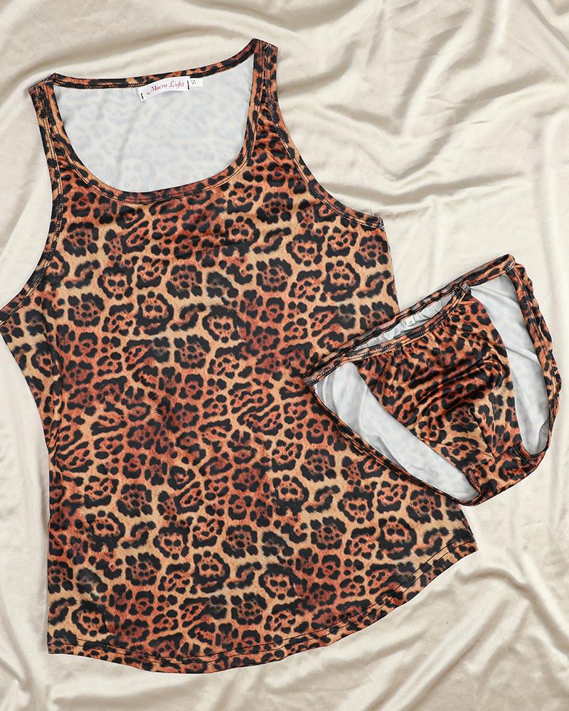 

Leopard Sleeveless Tanks With Panties Sexy Sets, Brown