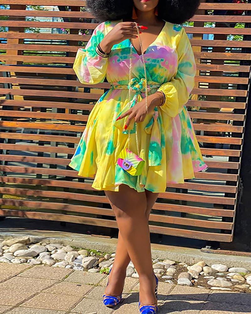 

Plus Size Tie Dye / Colorblock Long Sleeve Casual Dress, Yellow