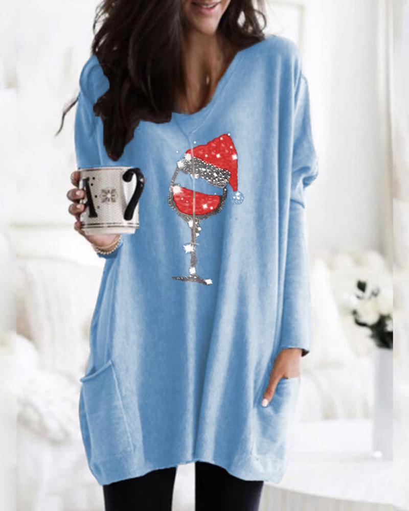 

Christmas Graphic Print Pocket Design Casual Dress, Blue