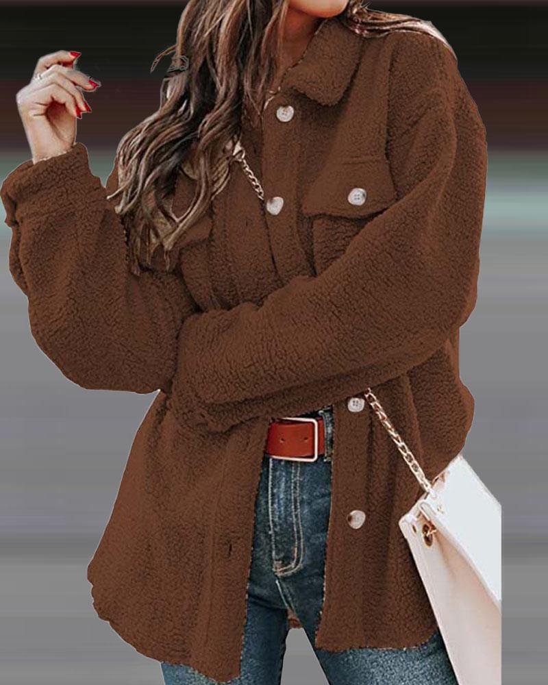 

Long Sleeve Button Down Teddy Shacket, Coffee