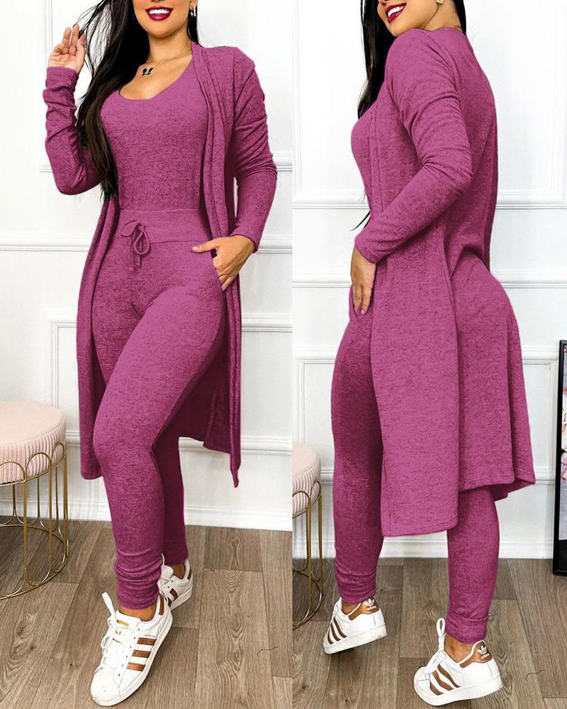 

Drawstring Pocket Design Jumpsuit & Coat Set, Red